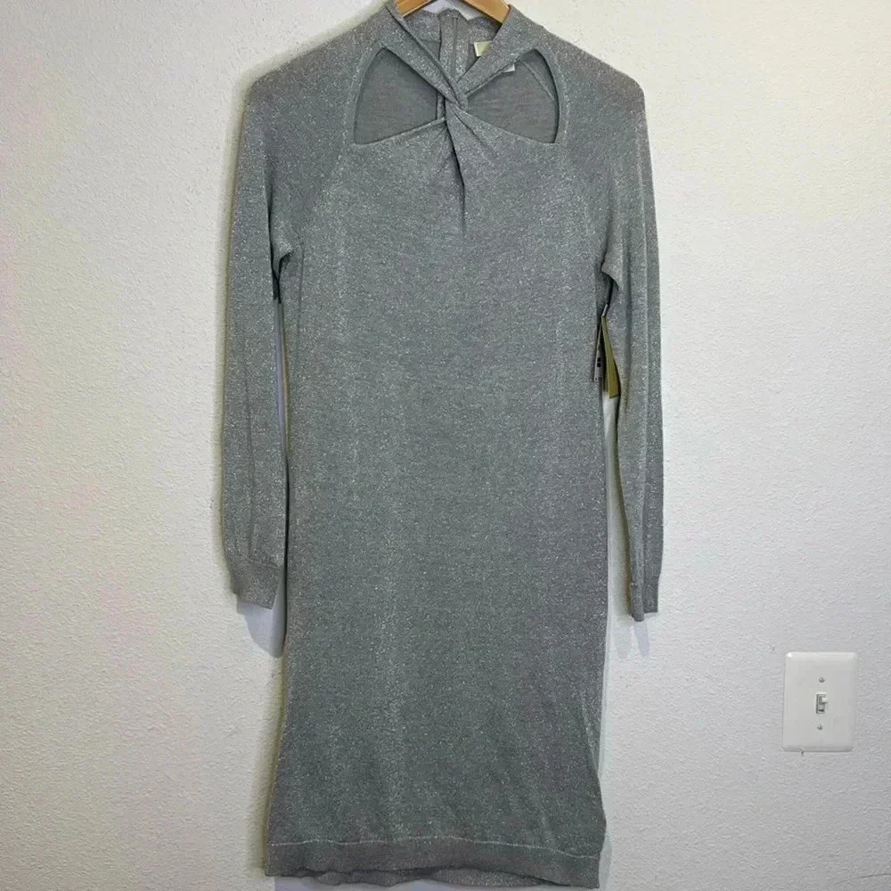 Michael Kori Metallic Twist Neck Sweater Gray Dress size Medium NWT